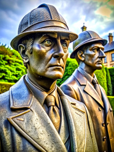 A bronze statue of Sherlock Holmes and Dr. Watson