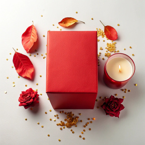 product composition of red box, red paper bag, white candle mockup, gold flakes and small red dry rose leaves around the box 