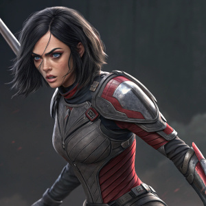 Alita, from Alita: Battle Angel, portrayed with fierce expression. Dressed in gray and red. Background is dark and undefined