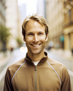 Human man with short hair with sporty clothes smiling at the camera on the street 