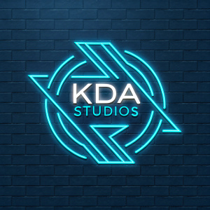 Logo for KDA Studios. Modern abstract design on neon blue background.
