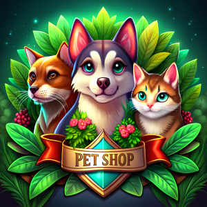 logo for a petshop with petshop text, dog, cat.

