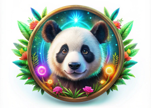 crea una hermosa cabeza de un OSO PANDA agresivo realista en un marco de madera explosivo luminoso colorido redondo de madera con una enredadera de flores de neon y hermosas flores coloridas realistas variadas en el marco con destellos de luces coloridas y al rededor de su cabeza algunas plantas hermosas coloridas  en un fondo totalmente blanco