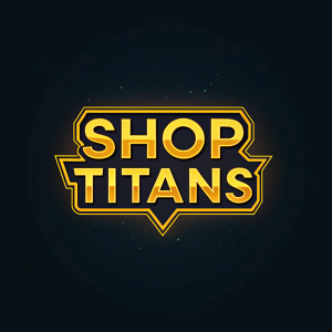 Stylized 'Shop Titans' logo. Dark background, vibrant yellow text, bold font.