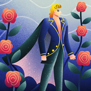 Digital illustration of Giorno Giovanna from JoJo's Bizarre Adventure. Anime style. Vibrant colors. Rose-filled background.