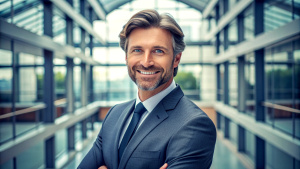 portrait of successful  businessman consultant looking at camera and smiling inside modern office building