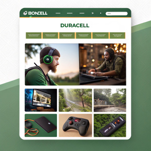 Website homepage for gaming peripherals by Duracell. Clean design with grid layout showcasing product thumbnails. Green and brown color scheme, Duracell branding.