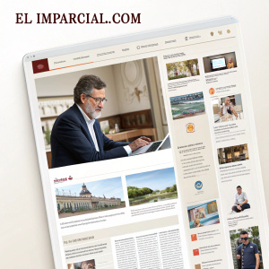 Digital screenshot of El Imparcial.com homepage. Central featured article with photo, surrounded by various news stories, ads, and navigation links. Clean, modern design in neutral tones. Content in Spanish.