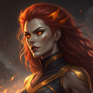 Character illustration of Arelys.Valeentine. Fiery red hair, sharp features, glowing amber eyes. Dark and gold-toned top. Dark background with fiery hues. Intense expression. Art by Arelys.Valeentine