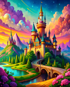 ilustracion colorida de un Paisaje donde aparezca 
 el castillo de la película de rapunzel