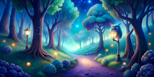 Dark mysterious woods in the evening. Disney-style landscape. Bright, vibrant colors. An owl sitting on a branch of an big oak. Two little squirrels in the grass. Tiny glowing fireflies in the air. A lot of green. There is an old lamppost in the clearing.