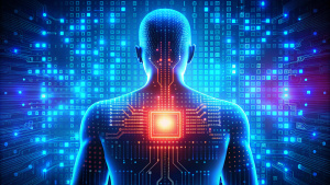 chip informático en silueta humana, código binario, color azul y rojo fosforescente