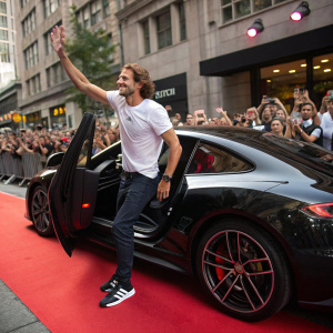 Diego Forlan, emerging from a sleek, black sports car. Dressed in a casual outfit consisting of a white t-shirt and Adidas sneakers. He is greeted by a crowd of excited fans at the vibrant city street.