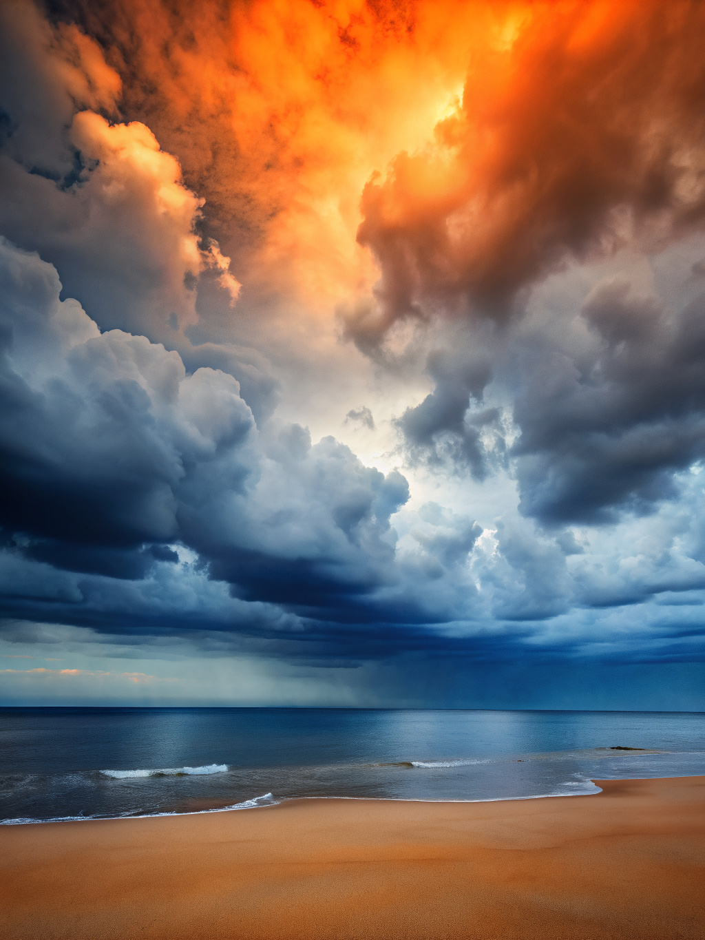 A cloudy beach view. The sky is completely covered with thunderclouds. Vibrant orange and blue colors. clouds.