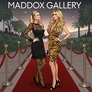 Paris Hilton and Petra Ecclestone attending a glamorous event. Paris is in a black lace dress, Petra wears a tiger-printed dress. They stand on a red carpet with the Maddox Gallery logo behind them.