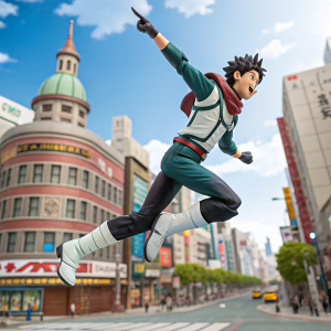 Yuri Bolivar do Monte Malachias, My Hero Academia action figure, mid-flight pose, background is the vibrant cityscape of U.A. High School