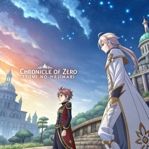 Anime artwork for 'Chronicle of Zero ~Tsumi no Hajimari~'. Fantasy world setting. Characters have intricate designs and outfits. Background features mythical architecture and a vivid sky.
