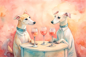 Imagine two humanoid dogs sitting at the table drinking wine and clinking glasses with a bowl of bones on the table