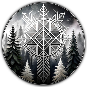 vegvisir geometric symbols - ragnar and trees - tattoo design - perfect realistic art - high-definition - grey and black - white background 