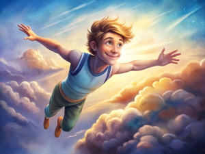 realistic cute slender tanned smiling guy with short hair wearing a jersey and shirt tight shorts is flying in the sky among the clouds with great speed over an old castle, his arms spread wide