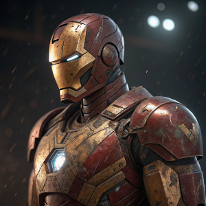 Render of Tony Stark's Iron Man armor, damaged and weathered. Dark, glossy background. Golden and brown hues. Glowing faceplate.