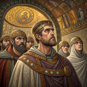 Imposing mosaic art depicting Emperor Justinian and his entourage. Located within the Basilica of San Vitale, Ravenna, Italy. Sixth century masterpiece. Small colored stone pieces create detailed robes and accessories, formal poses. Rich earth tones with gold accents.