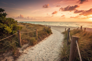 Path on the sand going to the ocean in Miami Beach Florida at sunrise or sunset, beautiful nature landscape, retro instagram filter for vintage looks