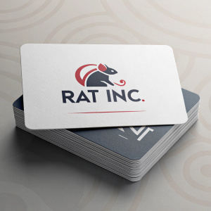 Business cards for Rat Inc. Designed with sleek, modern aesthetics. Cards feature minimalist layout, bold logo, contact details.