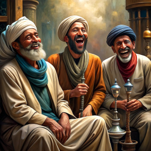 
Muslims with shisha pipes laugh their heads off