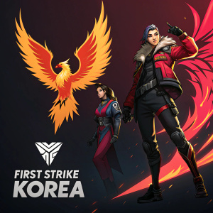 Promotional artwork for Valorant First Strike Korea. Characters: Phoenix, Jett, Reyna. Vibrant, contrasting colors against dark background.