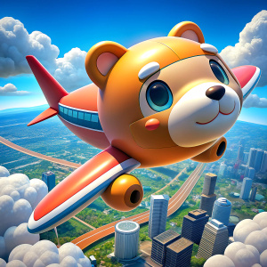 Plane flying over city bear