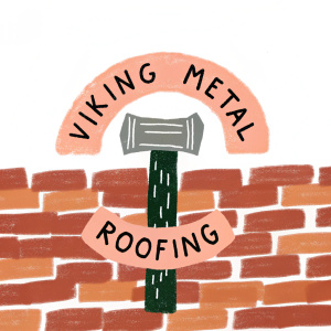 Logo for Viking Metal Roofing. Centerpiece is stylized green hammer. Dark gray text in bold, modern font wraps around the hammer. Logo design