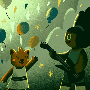 Retsuko and Haida from Aggretsuko in a dynamic digital art scene. Vibrant and imaginative background.