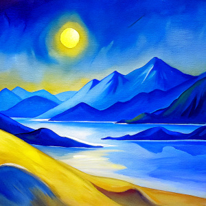 A BLUE WHITE AND YELLOW LANDSCAPE WITH MOON OR SUN MOUNTAINS OR BEACH VANGOUH STYLE WITH WHITE LINES DETAILING