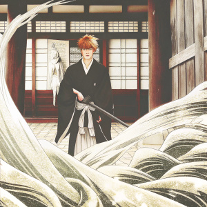 Ichigo Kurosaki from Bleach, in his Soul Reaper uniform with a puzzled expression. Holding Zangetsu, his sword. Surrounded by intricate, flowing lines and detailed background in manga style.