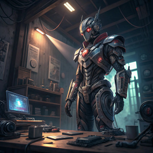 Futuristic robot from the Kamen Rider Zi-O series, metallic and mechanical, standing in a dimly lit laboratory with scattered tech gadgets and equipment.