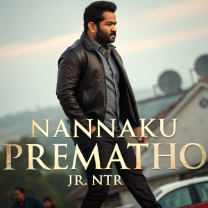 Movie poster for 'Nannaku Prematho'. Jr. NTR in center, blurry background. Words in Telugu script