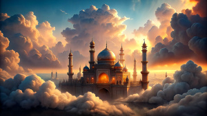 "Generate an AI image featuring a mosque suspended in the celestial expanse, shrouded in highly realistic, towering clouds. Place a sunset sun at its center, casting warm hues across the scene. Emphasize intricate details in the mosque's design and ensure the clouds are rendered with a photorealistic quality, creating a visually stunning composition. Capture the ethereal atmosphere as the mosque floats in the sky, bathed in the soft glow of the setting sun. Happy creating!"