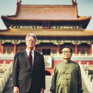 Bill Clinton and Jiang Zemin, distinguished figures, stand before the imposing gates of the Forbidden City for a historic meeting.