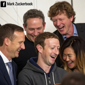 Mark Zuckerberg surrounded by friends in a collage-style meme. Each person has a unique expression, creating a humorous scene.
