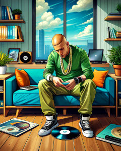 In a well-organized and decorated living room, a shaved-haired, fit German rapper is sitting on a blue sofa. His expression is serious and thoughtful as he looks at the vinyl records arranged on a shelf next to the record player. Wearing a green t-shirt and black pants, he wears a silver chain around his neck and white sneakers with gold details. Next to it, a yellow table stands out, providing a vivid contrast to the rest of the room. It is evident that he is immersed in his moment of musical c