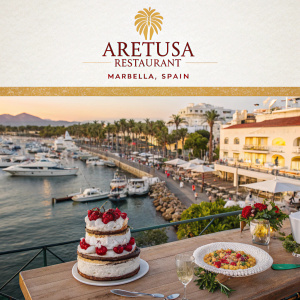 Aretusa Restaurant's homepage, featuring a bustling harbor scene. Marbella, Spain. Warm color palette, layered cake displayed prominently. Contact details in multiple languages. Professional and inviting restaurant website design