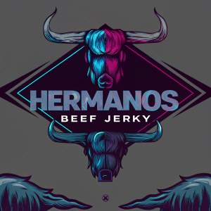 Logo design for a beef jerky brand. Dark brown color scheme, bold text 'Hermanos Beef Jerky', horns symbolizing strength and quality.