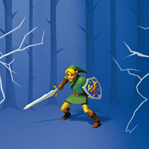Link from The Legend of Zelda, standing in a fierce battle stance. Abstract art style, dark forest setting