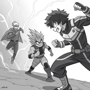 Dynamic figures from the anime 'My Hero Academia'. Various poses and actions. Exaggerated features, sharp lines. Grayscale shading emphasizes movement and energy