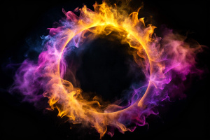 purple yellow color glowing geometric smoke circle on black background