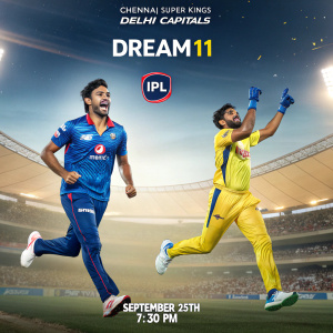 Promotional poster for the Dream11 IPL match between Chennai Super Kings and Delhi Capitals on September 25th at 7:30 PM. Two excited players in blue and yellow uniforms running and jumping. Large stadium in the background.