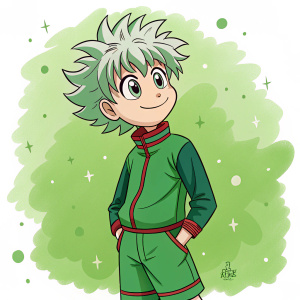 Killua Zoldyck, young character from Hunter x Hunter manga, wearing green outfit with red accents. Cheerful expression, spiky green hair. Cartoonish background filled with vibrant green hues. The illustration seems to come to life with a playful, animated feel.