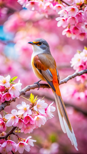 provide a picture of a bird with a beautiful tail perched on a cherry blossom tree that is in bloom