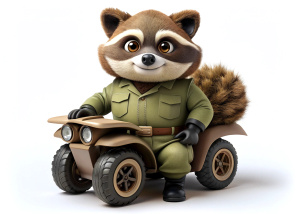 raccoon in a military uniform, sitting on an ATV, the ATV is on a pile of business papers